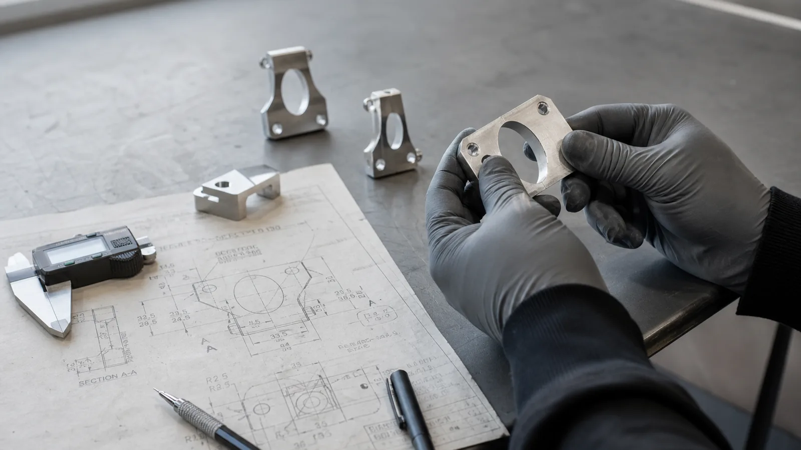 DFM — design for manufacturability med metalldeler, teknisk tegning og måleverktøy på verkstedsbenk