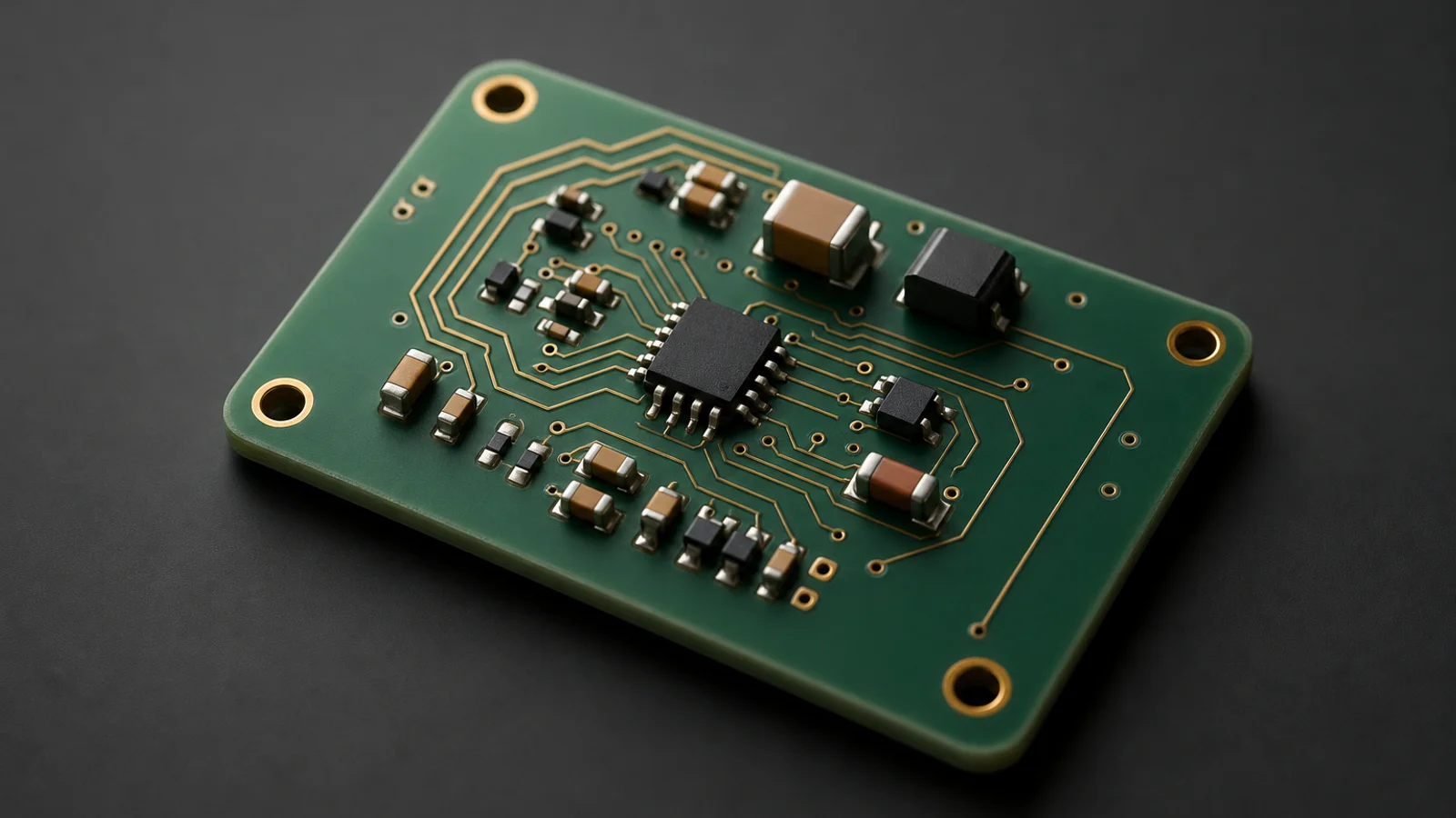Kretsdesign — makrobilde av PCB med komponenter og kobberbaner