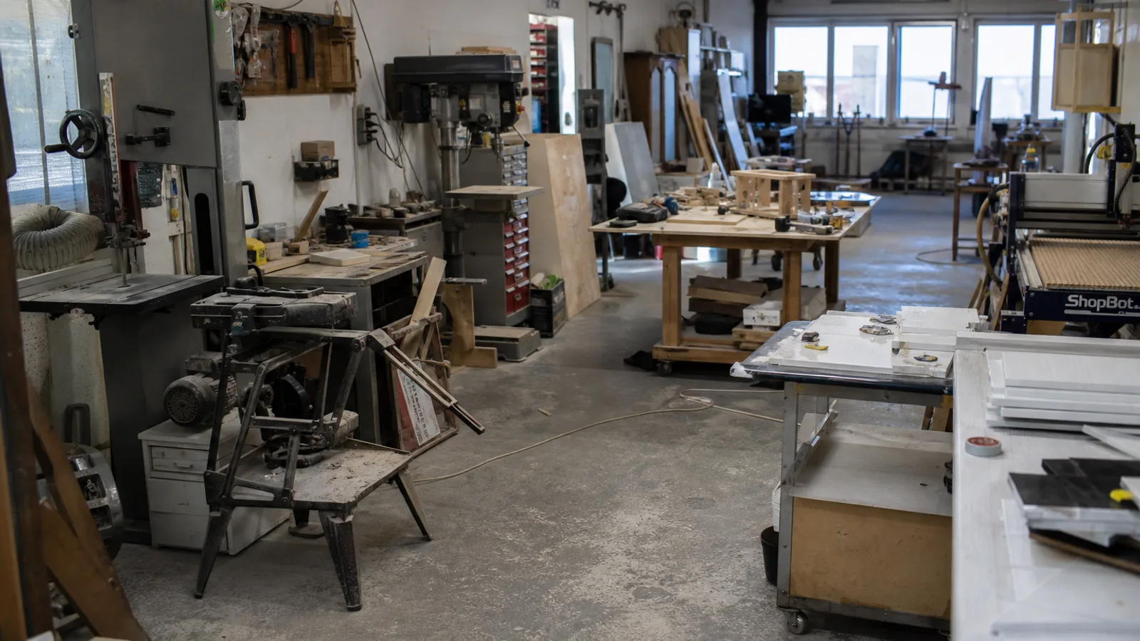 Norsk verksted med tre, metall og plast — prototyper, maskiner og materialrester