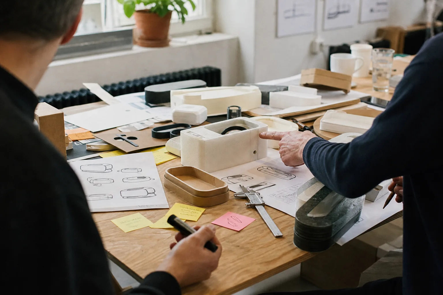 Industridesign-workshop med prototyper, skisser og deltakere rundt bordet